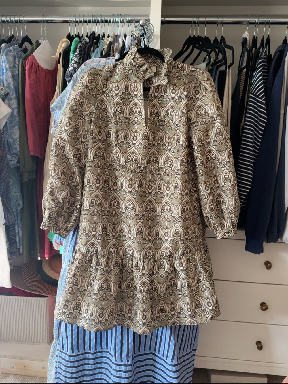 Tuckernuck Beige and Brown Printed Ruffle-Hem Mini Dress